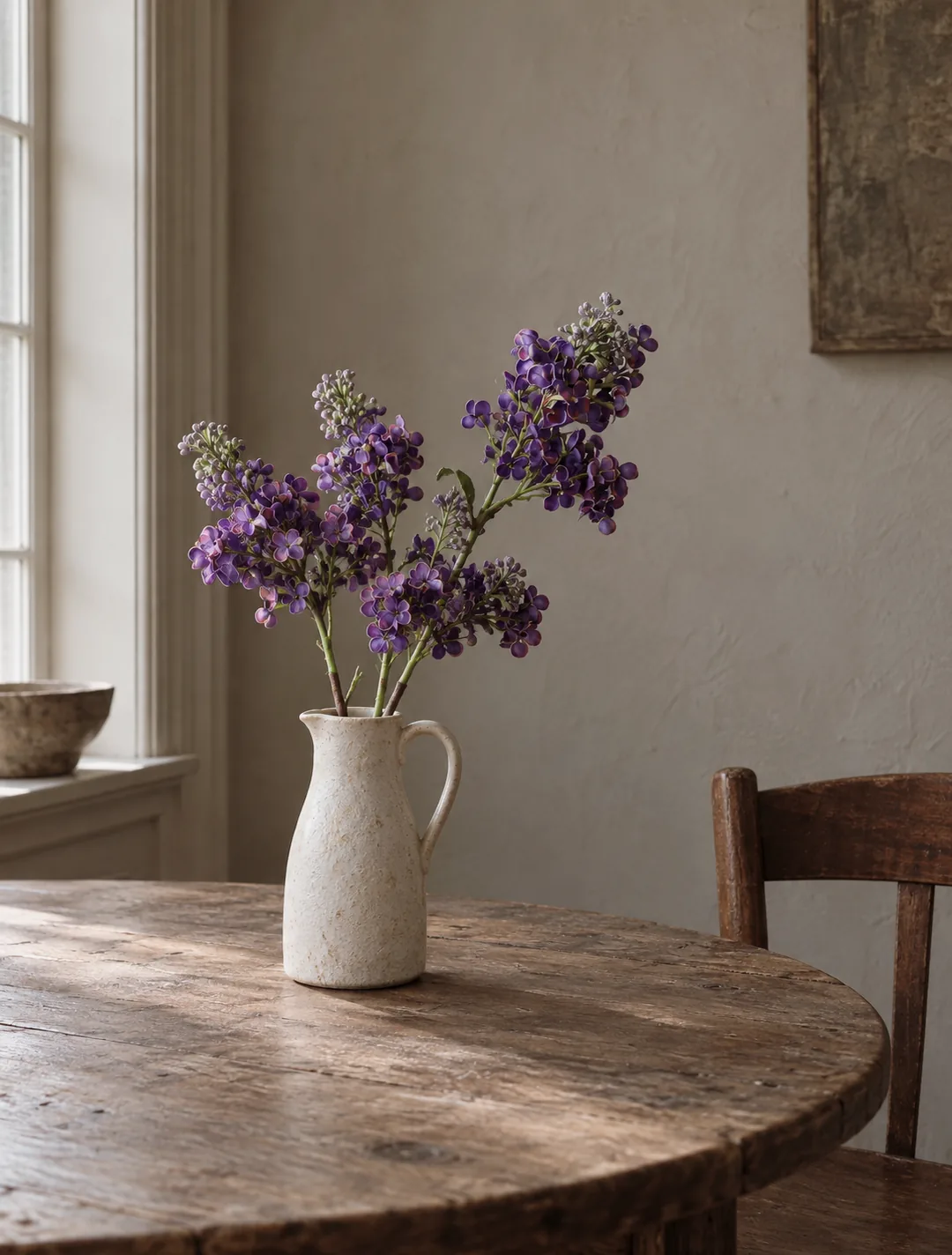 Purple flowering stems in a cream vase on a rustic dining table
